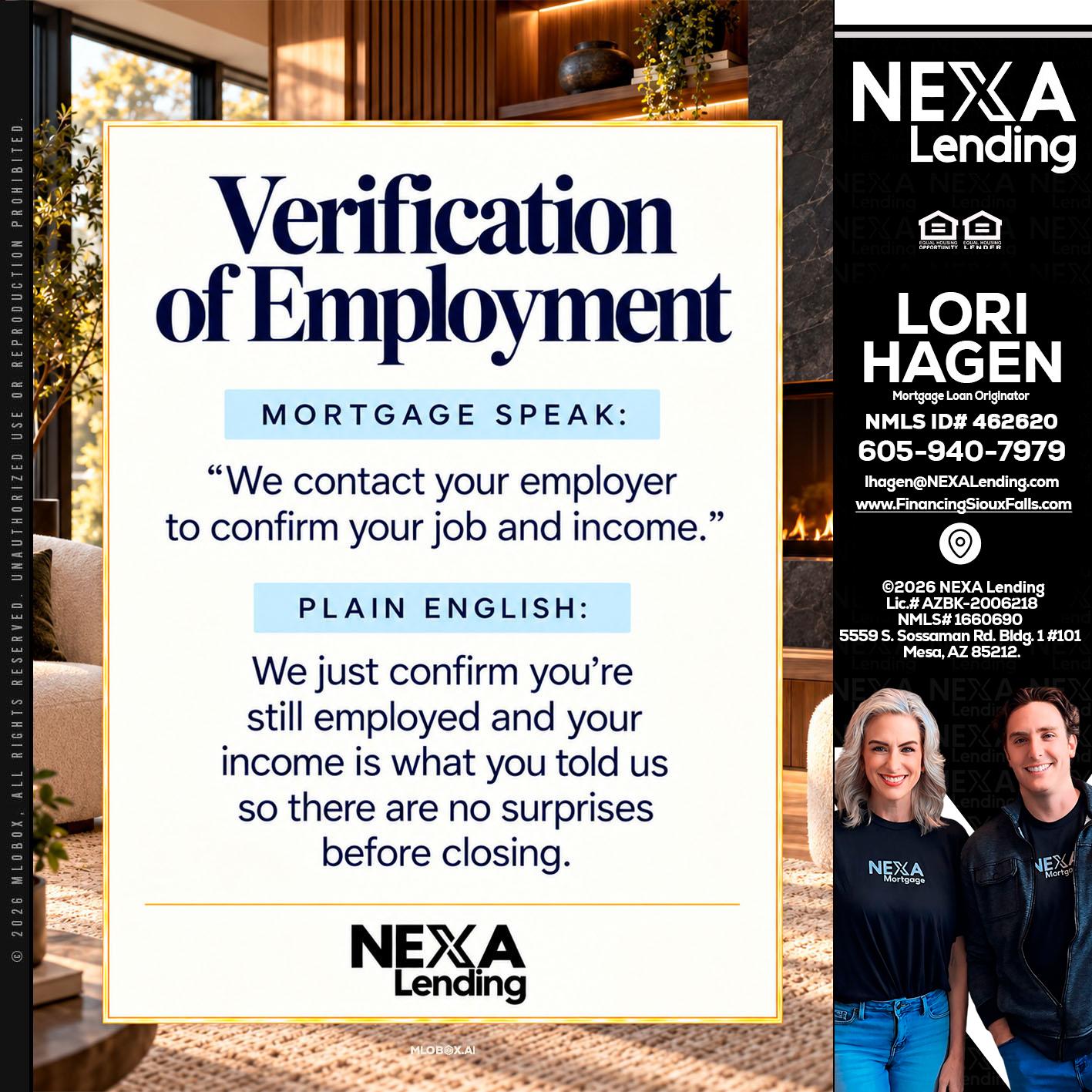 VERIFICATION OF EMPLOYMENT - Lori Hagen & Tony Bartholomaus -Mortgage Brokers